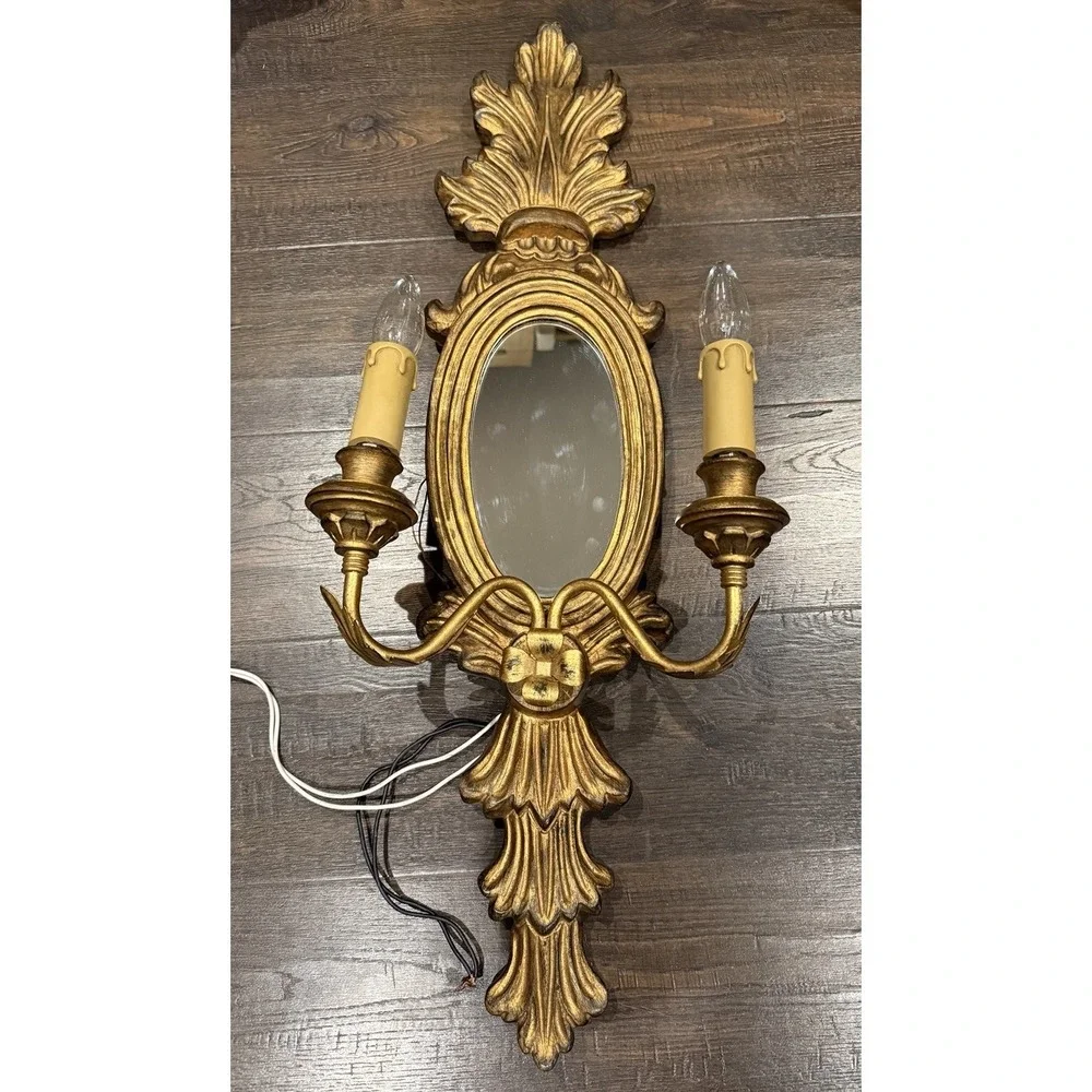Vintage Italian Style Gilded Wooden Mirror Double Arm Light Wall Sconce